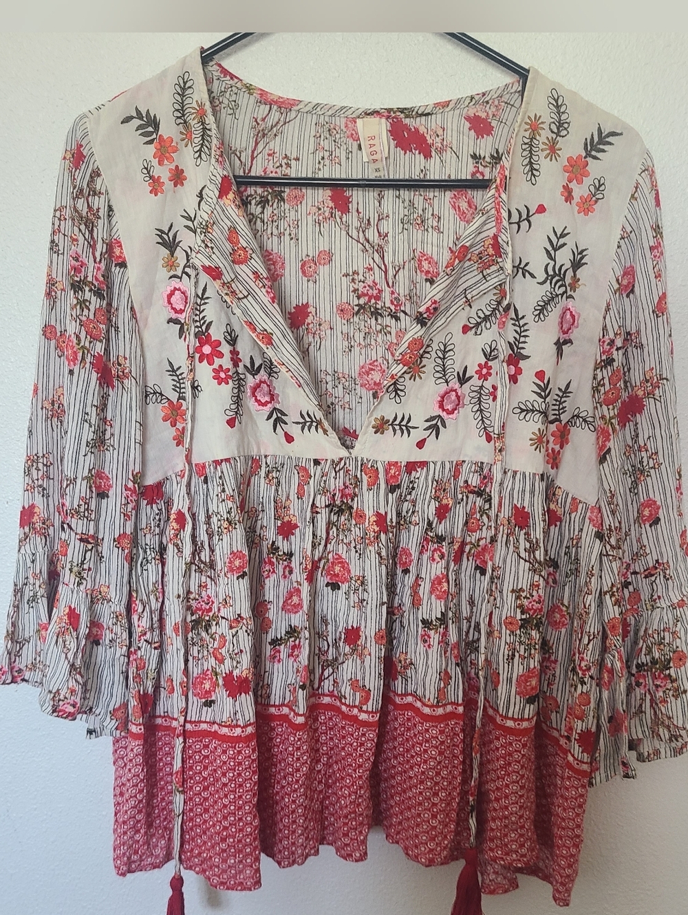 RAGA  Floral Boho Blouse with Tassels